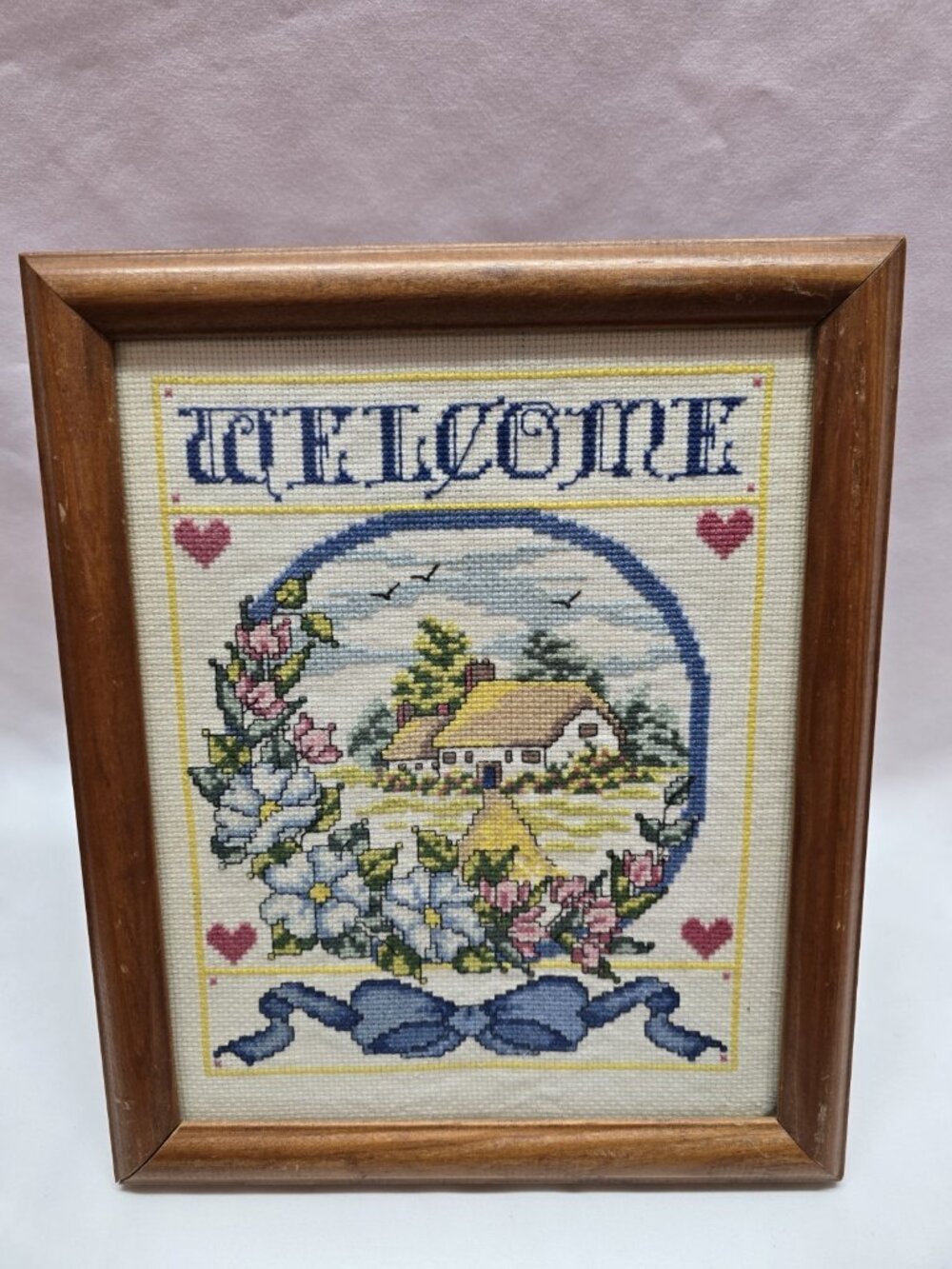 Vintage Cottagecore Cross Stitch Framed Art Countryside Farmhouse "Welcome"